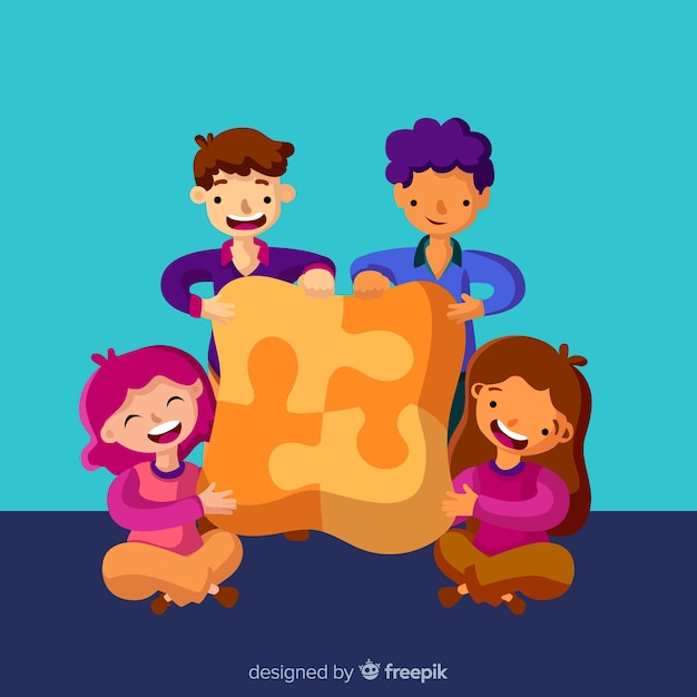 Free vector people connecting puzzle pieces colorful background