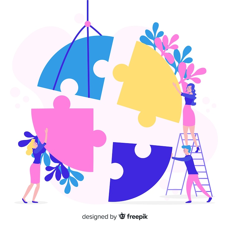 Free Vector people connecting puzzle pieces colorful background