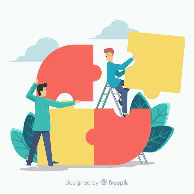 Free vector people connecting puzzle pieces colorful background