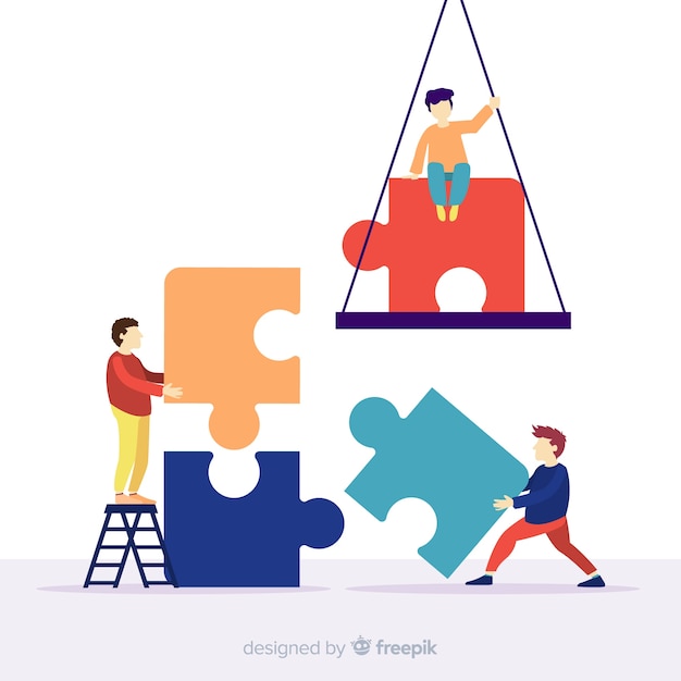 Free vector people connecting puzzle pieces colorful background