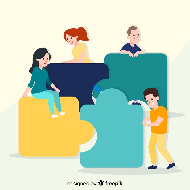 Free Vector people connecting puzzle pieces colorful background