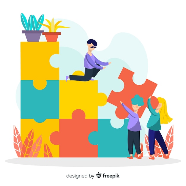 Free vector people connecting puzzle pieces colorful background