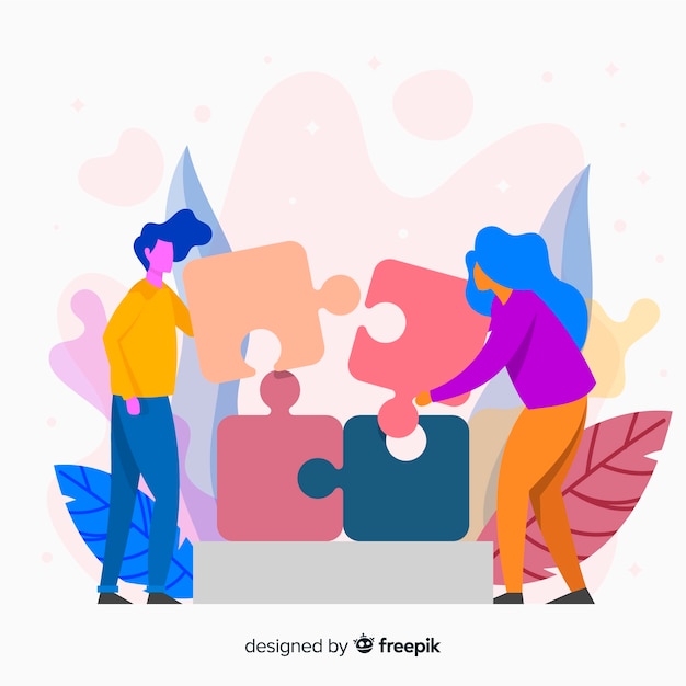 People connecting puzzle pieces colorful background