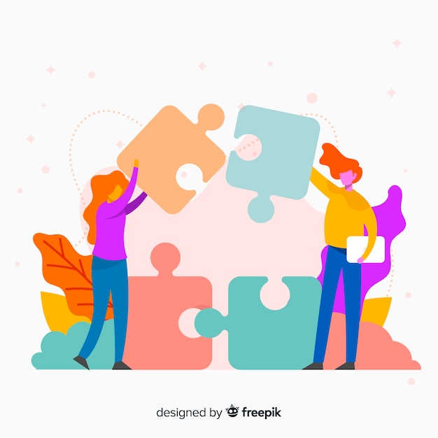 Бесплатное векторное изображение Люди, соединяющие кусочки пазла красочный фон
