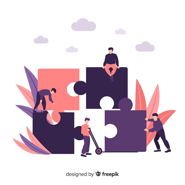 People connecting puzzle pieces colorful background