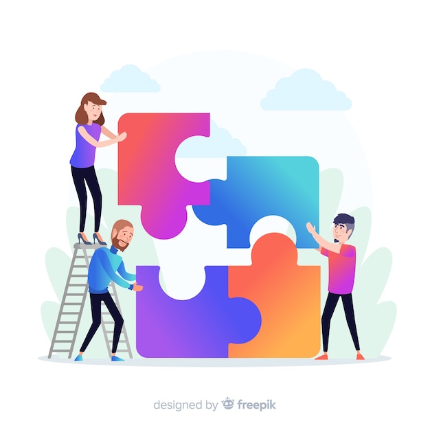 Free vector people connecting puzzle pieces colorful background