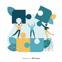 Free vector people connecting puzzle pieces colorful background