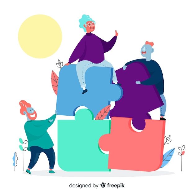 Free vector people connecting puzzle pieces colorful background