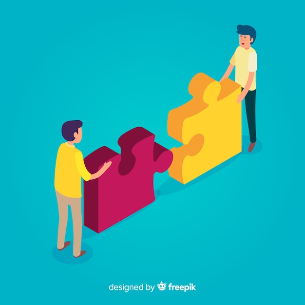 People connecting puzzle pieces isometric background