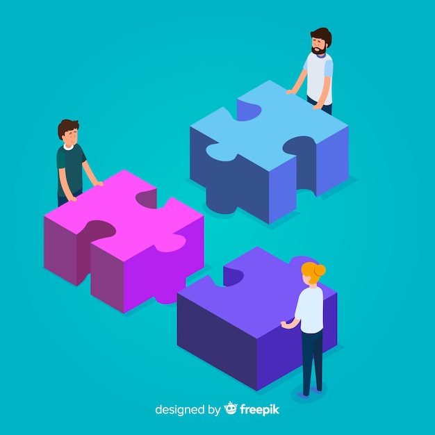 Free vector people connecting puzzle pieces isometric background