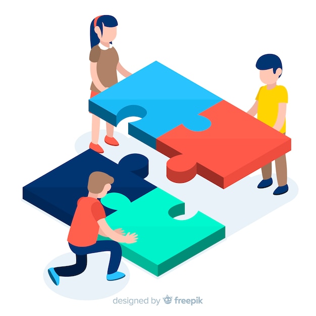 Free vector people connecting puzzle pieces isometric background