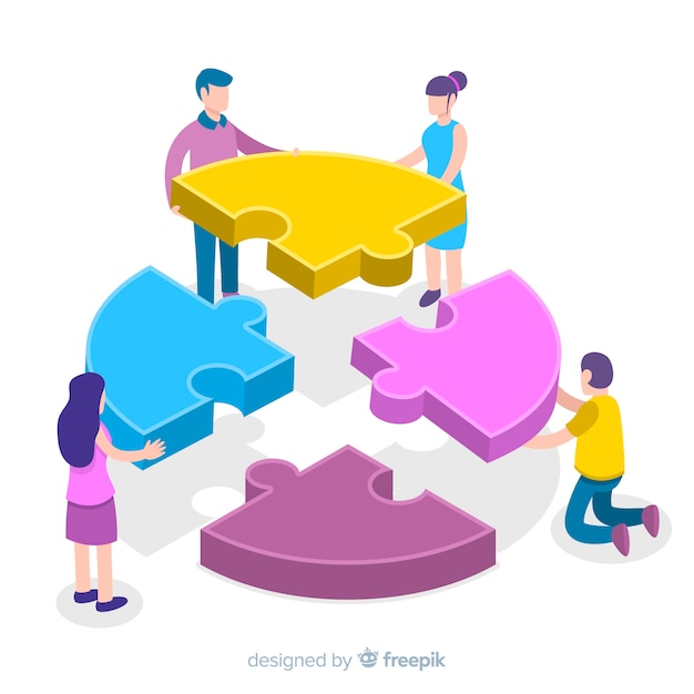 Free vector people connecting puzzle pieces isometric background