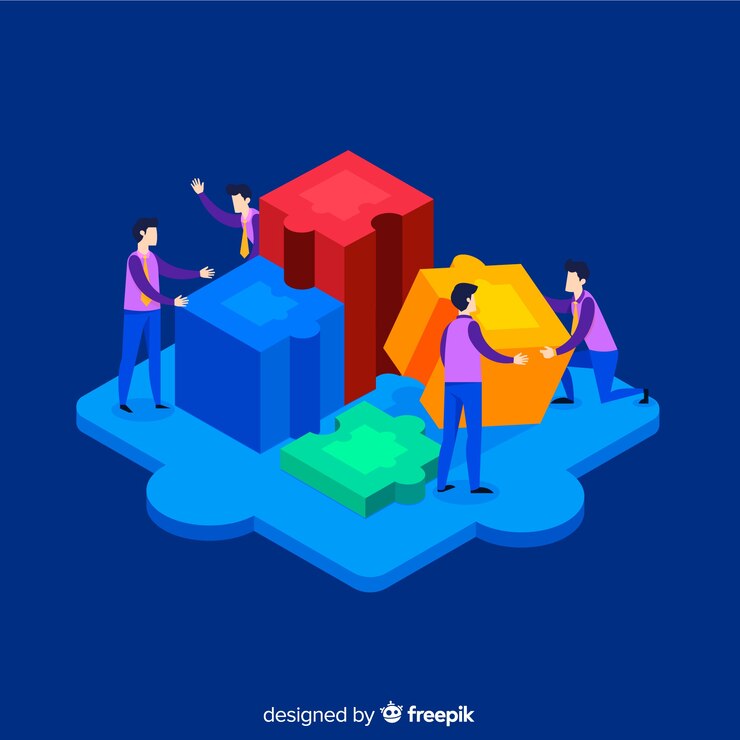 मुफ़्त वेक्टर people connecting puzzle pieces isometric background