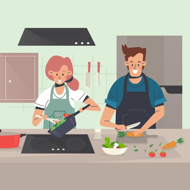 Free vector people cooking at home