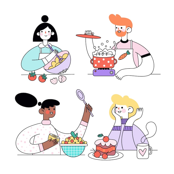 무료 Vector 맛있는 음식과 디저트를 실내에서 요리하는 사람들