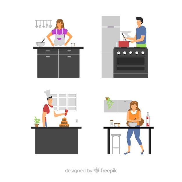 Free vector people cooking at the kitchen collection