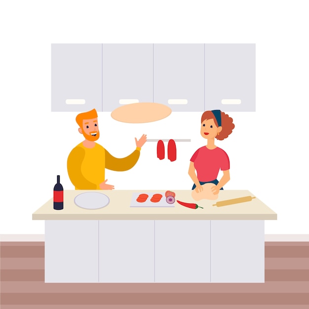 Free vector people cooking together at home