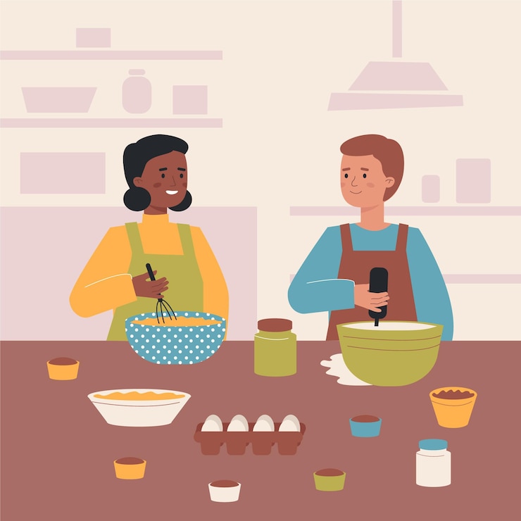 Free Vector people cooking together in the kitchen