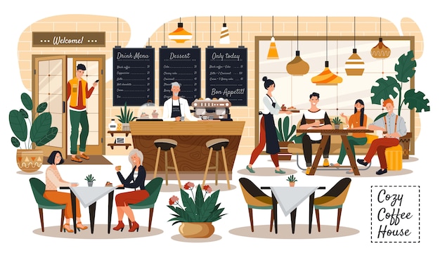 People in cozy cafe, coffee shop interior, customers and waitress, vector illustration