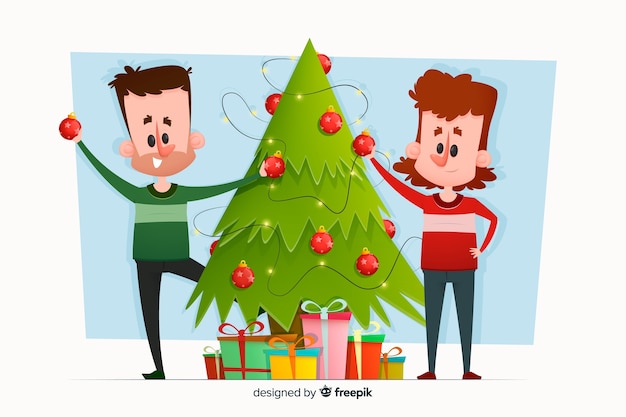 People decorating christmas tree illustrated
