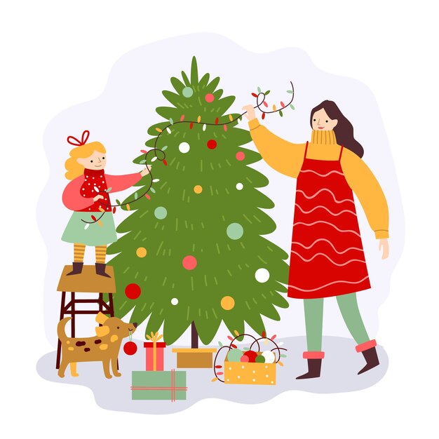People decorating christmas tree illustration