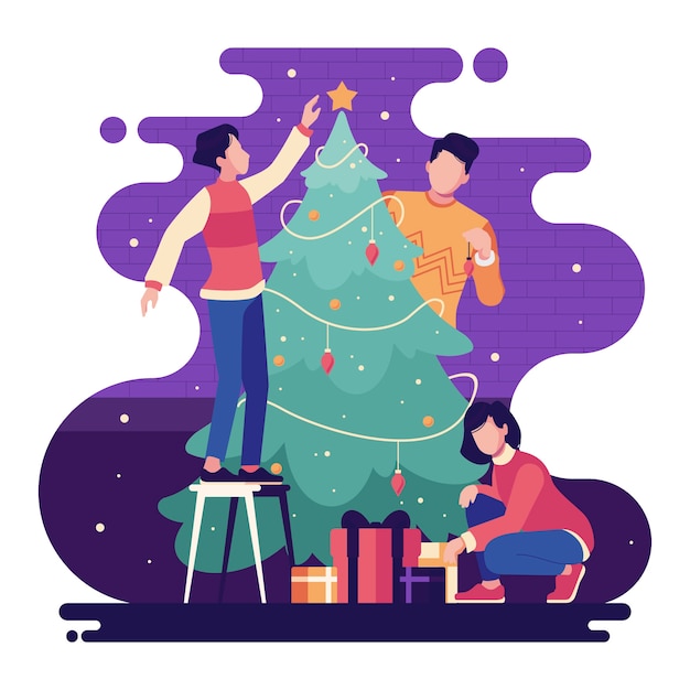 無料ベクター 紫色の星空の背景にクリスマスツリーを飾る人々