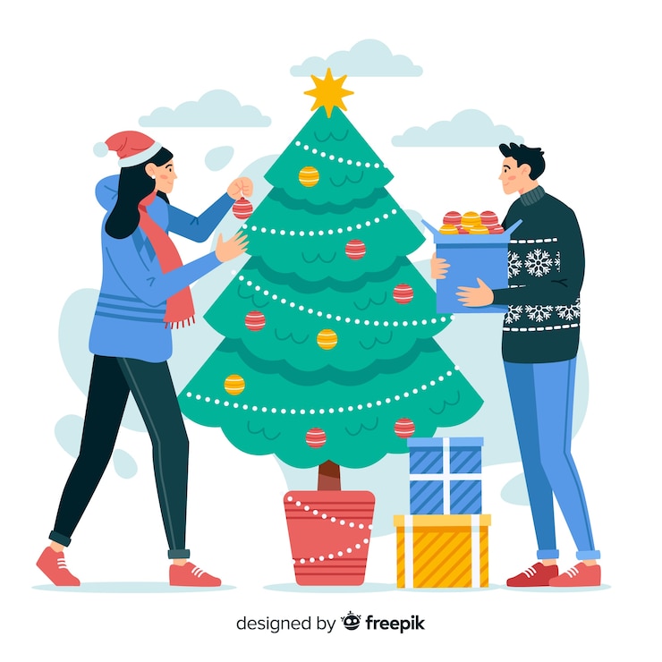 Free Vector people decorating christmas tree