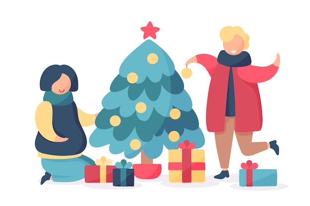 Free vector people decorating christmas tree