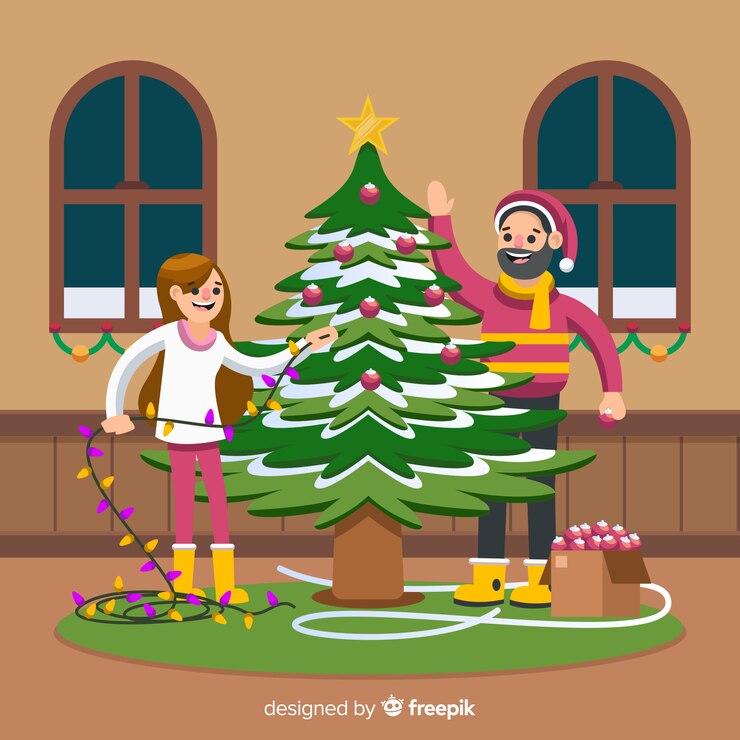 Free Vector people decorating christmas tree