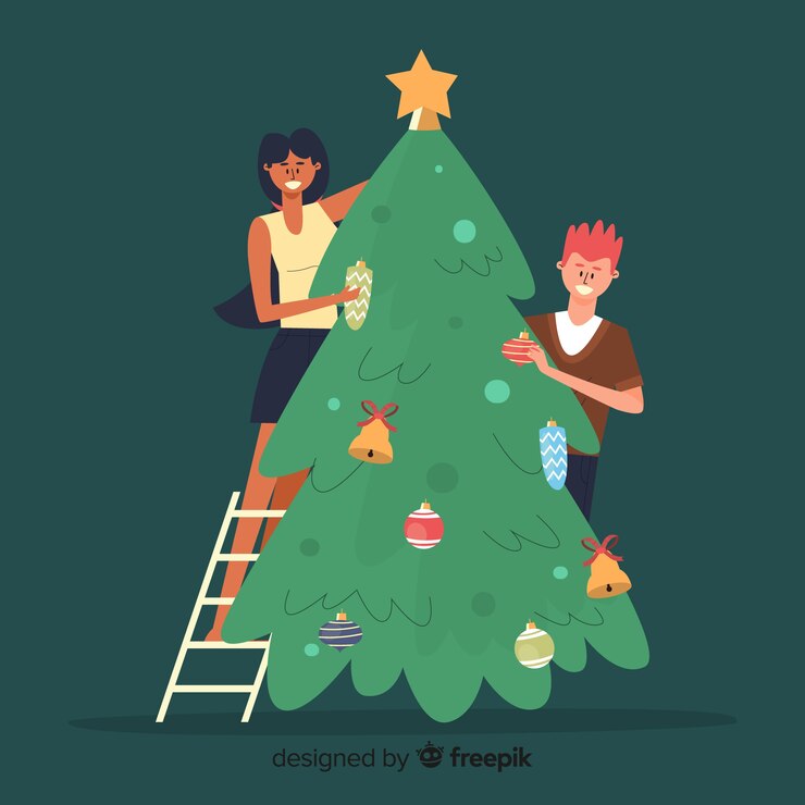 Free Vector people decorating christmas tree