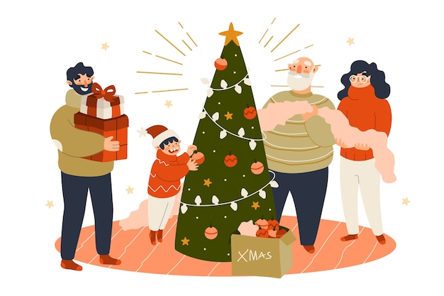 Free vector people decorating christmas tree