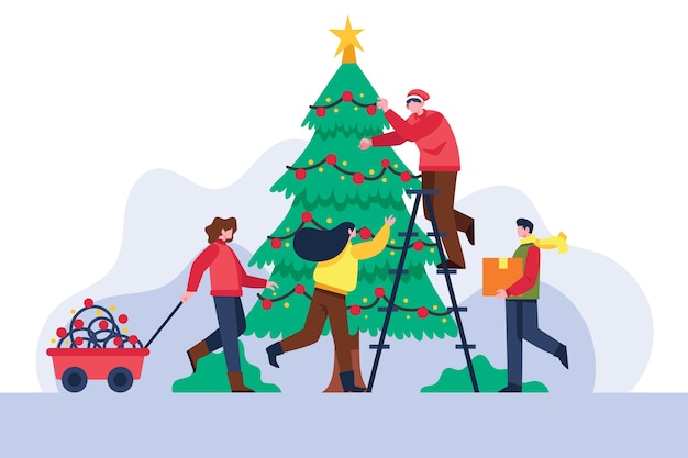 Free vector people decorating christmas tree