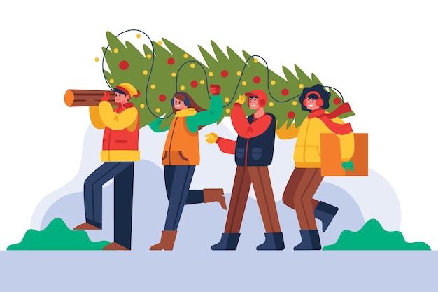 Free vector people decorating christmas tree