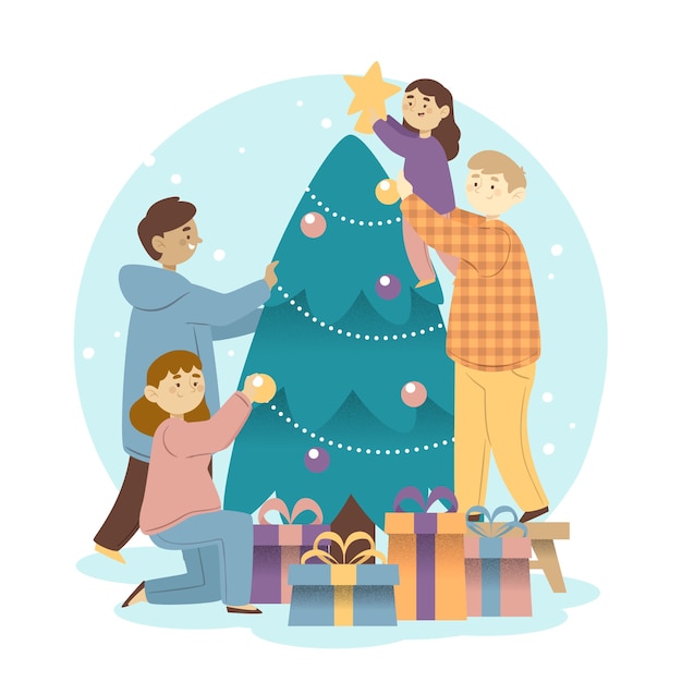 Free vector people decorating christmas tree