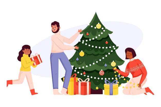 Free vector people decorating christmas tree