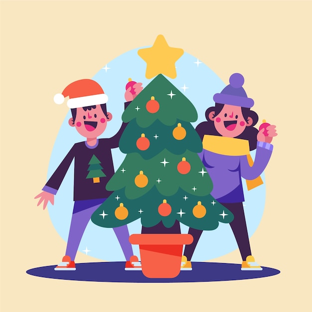 Free vector people decorating christmas tree