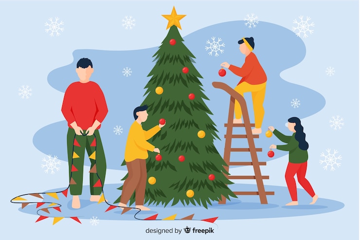 Free Vector people decorating the tree winter season background