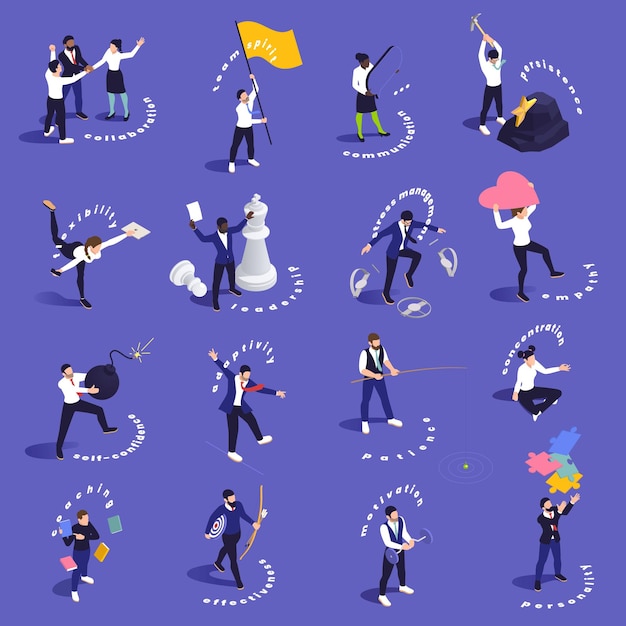 Free vector people demonstrating various soft skills isometric conceptual icons set isolated on violet background vector illustration