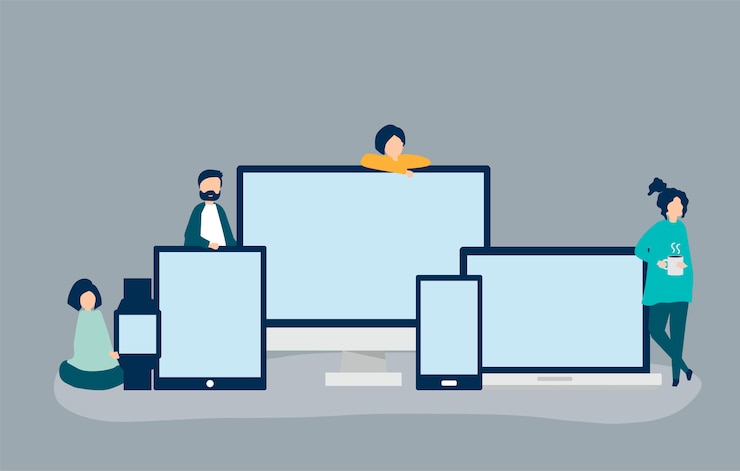 Free Vector people and digital devices with copy space