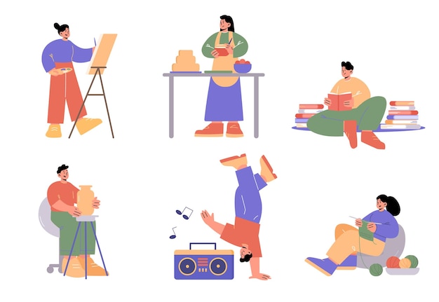 Vettore gratuito persone che fanno diversi hobby pittura cucina ceramica lavoro a maglia danza e lettura libri vector piatto illustrazione di uomini fanno scultura ballerino donne disegno torta del cuoco