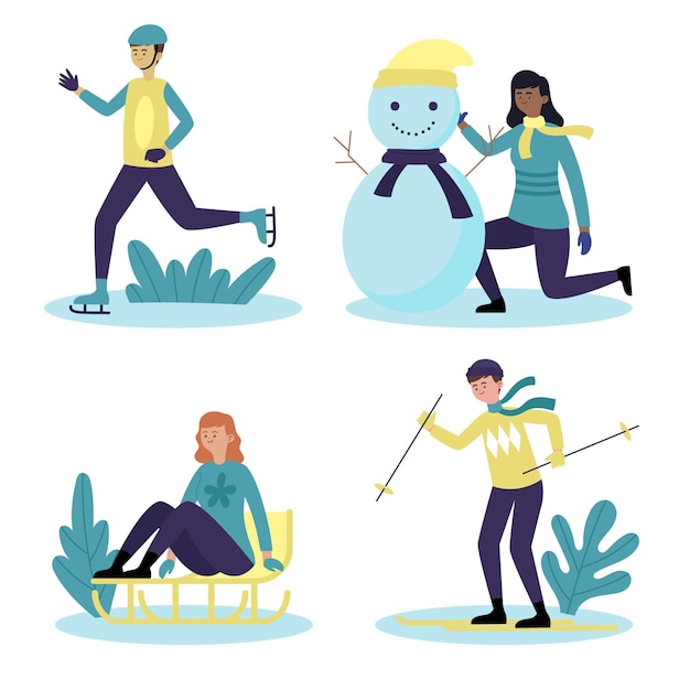 Free vector people doing different winter activities outdoor