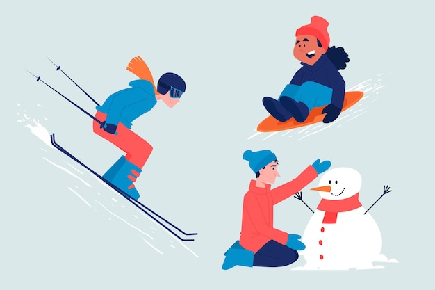 Free vector people doing fun winter activities set