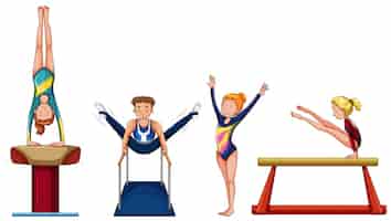 Free vector people doing gymnastics on different equipment illustration