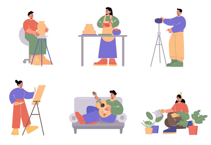 Free Vector people doing hobbies music cooking sculpture