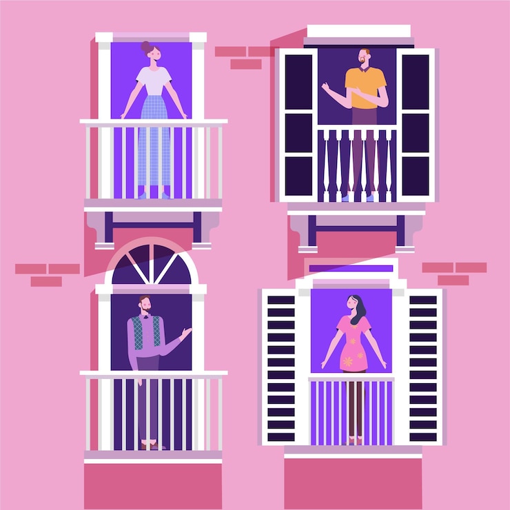 Free Vector people doing leisure activities on balconies