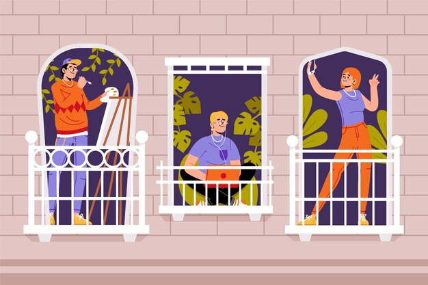 Free vector people doing leisure activities on balcony