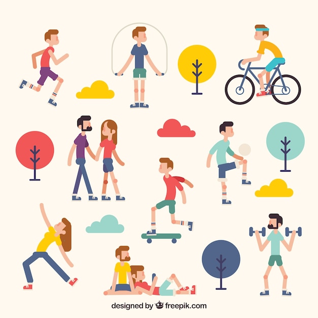 People doing outdoor leisure activities with flat design