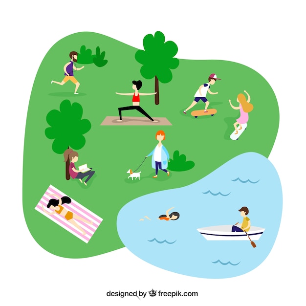 People doing outdoor leisure activities with flat design