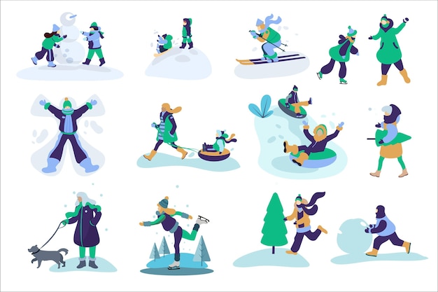 Free vector people doing outdoor winter activites