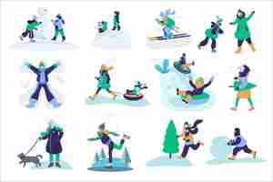 Free vector people doing outdoor winter activites